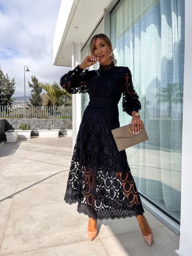 Elegant Women's Midi Dress with High Collar and Defined Waist 5