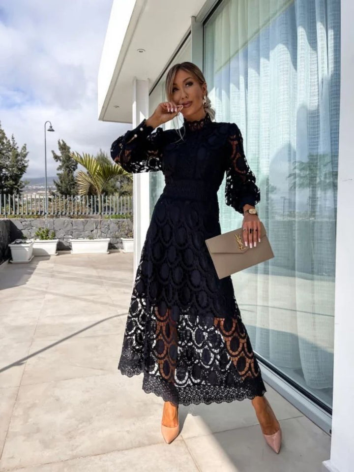 Elegant Women's Midi Dress with High Collar and Defined Waist 5