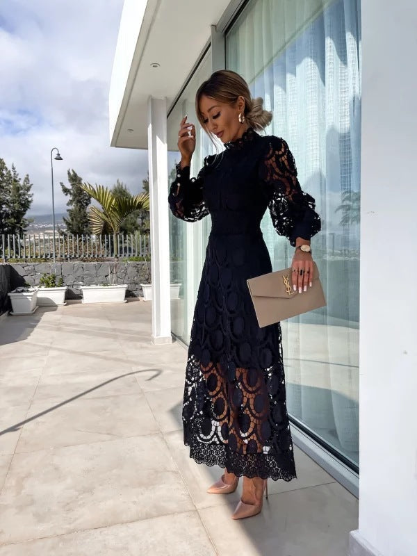 Elegant Women's Midi Dress with High Collar and Defined Waist 6