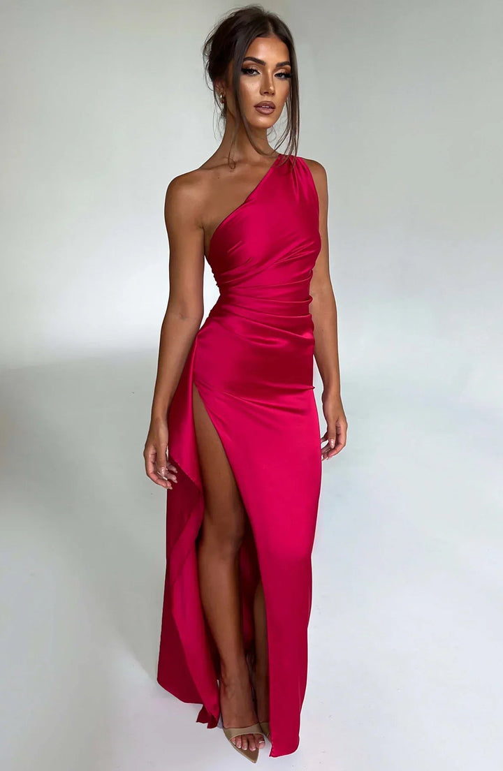 Elegant Women's One Shoulder Maxi Dress with High Slit - Perfect for Formal and Cocktail Events 0