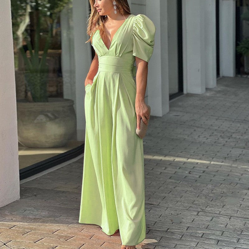Elegant Women's V-Neck Puff Sleeve Wide Leg Jumpsuit - Chic Black Jumpsuit for Special Occasions 0