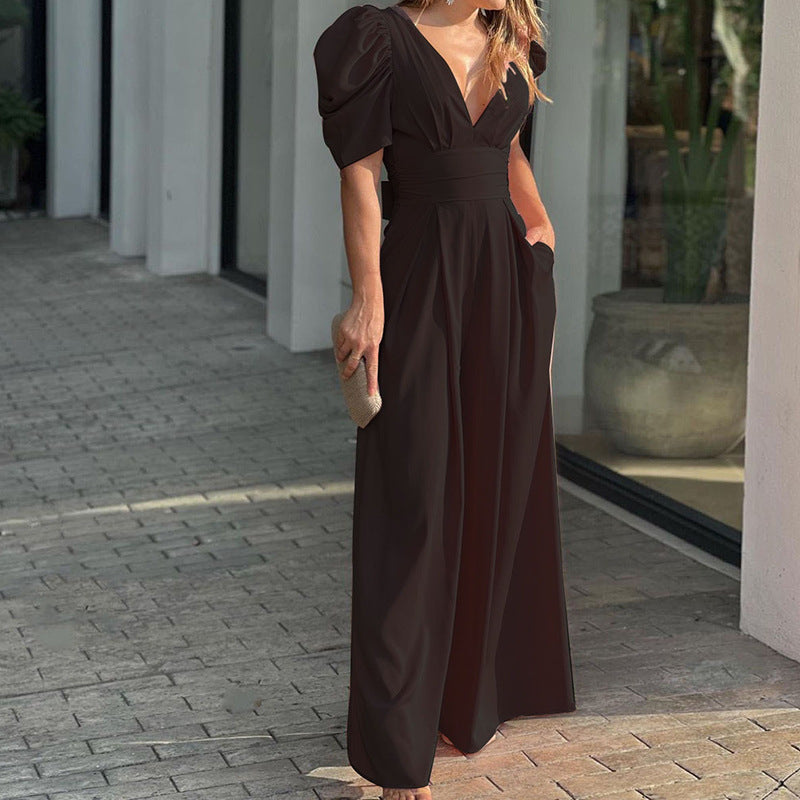 Elegant Women's V-Neck Puff Sleeve Wide Leg Jumpsuit - Chic Black Jumpsuit for Special Occasions 1