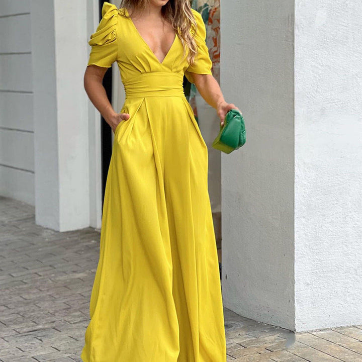 Elegant Women's V-Neck Puff Sleeve Wide Leg Jumpsuit - Chic Black Jumpsuit for Special Occasions 2