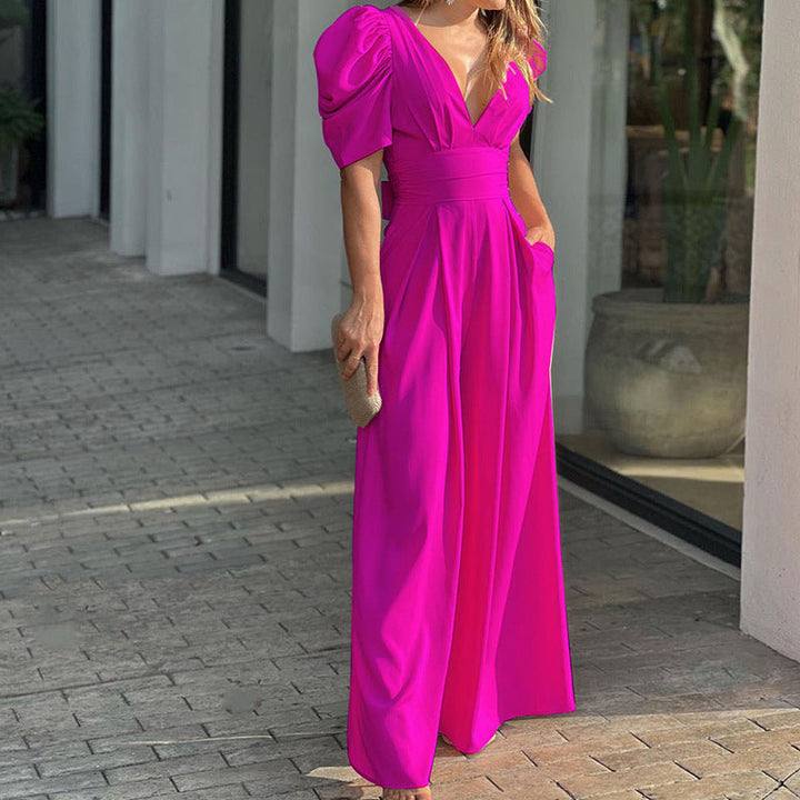 Elegant Women's V-Neck Puff Sleeve Wide Leg Jumpsuit - Chic Black Jumpsuit for Special Occasions 4