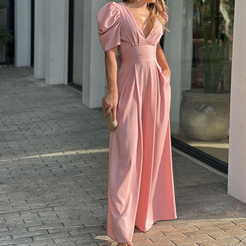 Elegant Women's V-Neck Puff Sleeve Wide Leg Jumpsuit - Chic Black Jumpsuit for Special Occasions 5