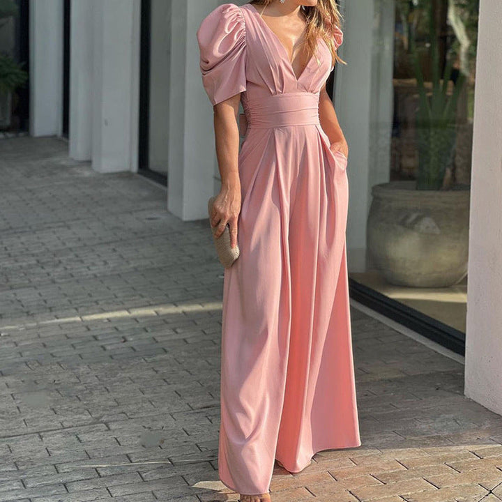Elegant Women's V-Neck Puff Sleeve Wide Leg Jumpsuit - Chic Black Jumpsuit for Special Occasions 5