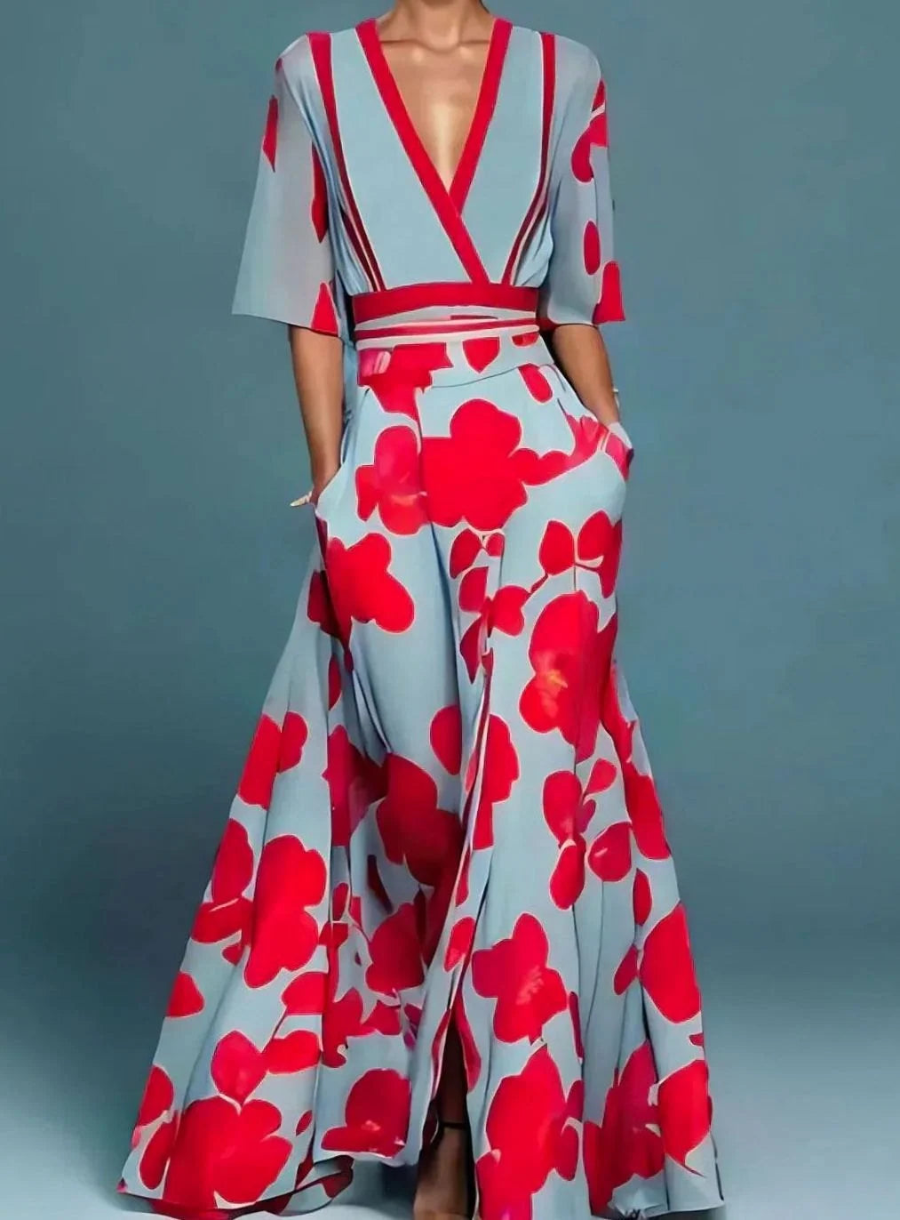 Elfriede | Damen Maxikleid mit Blumenmuster, V-Ausschnitt und Seitentaschen 0