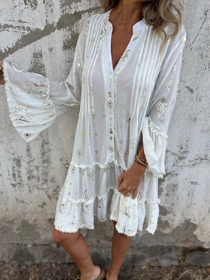 Elfriede | Women's Boho Tiered Dress V-Neck Three-Quarter Sleeves 0