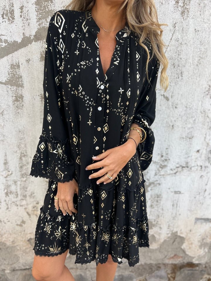 Elfriede | Women's Boho Tiered Dress V-Neck Three-Quarter Sleeves 5