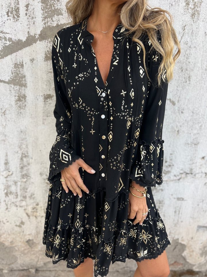 Elfriede | Women's Boho Tiered Dress V-Neck Three-Quarter Sleeves 6