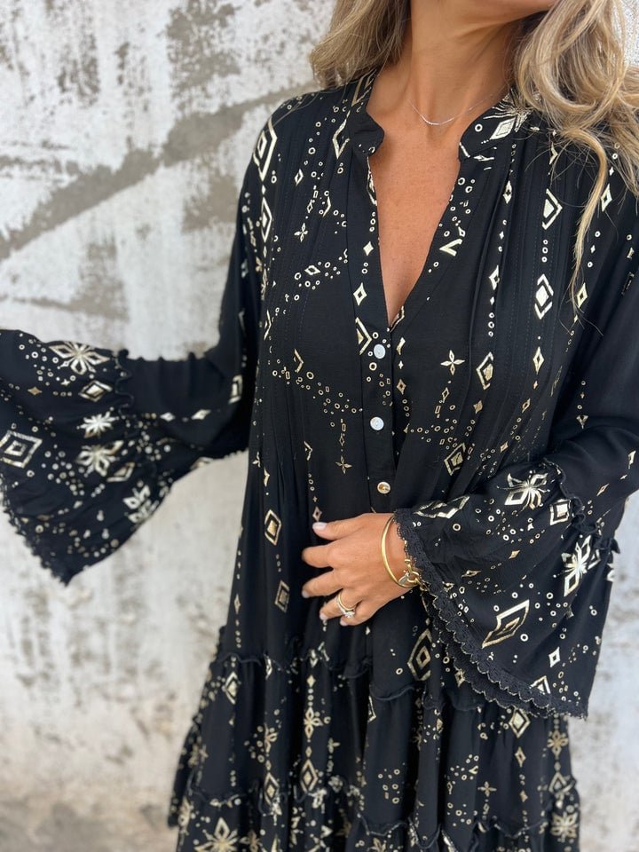 Elfriede | Women's Boho Tiered Dress V-Neck Three-Quarter Sleeves 7