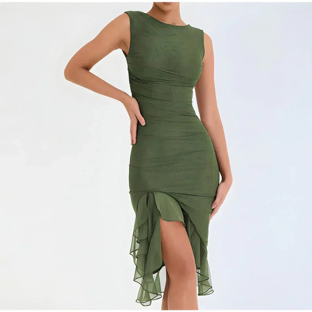Elfriede | Women's gathered midi dress with chiffon ruffle hem 9