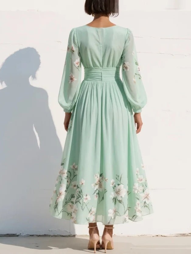 Elisabeth | Women's Floral V-Neck Balloon Sleeve Midi Chiffon Dress 1