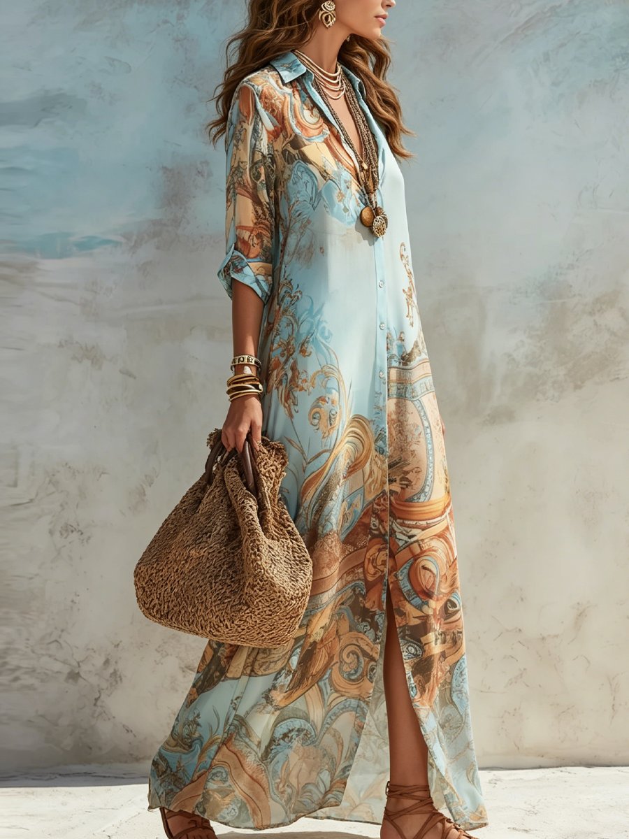 Elisabeth | Women's Midi Dress Long Sleeve Shirt Dress with Paisley Print 2