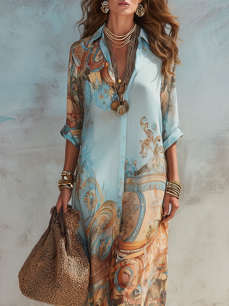 Elisabeth | Women's Midi Dress Long Sleeve Shirt Dress with Paisley Print 4