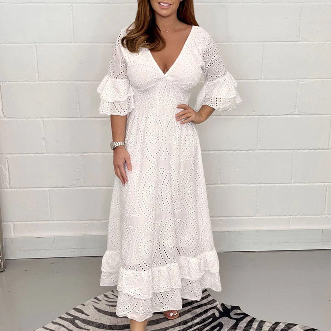 Elisabeth | Women's Midi Dress White Anglaise Lace V-Neck Ruffled Sleeves 0