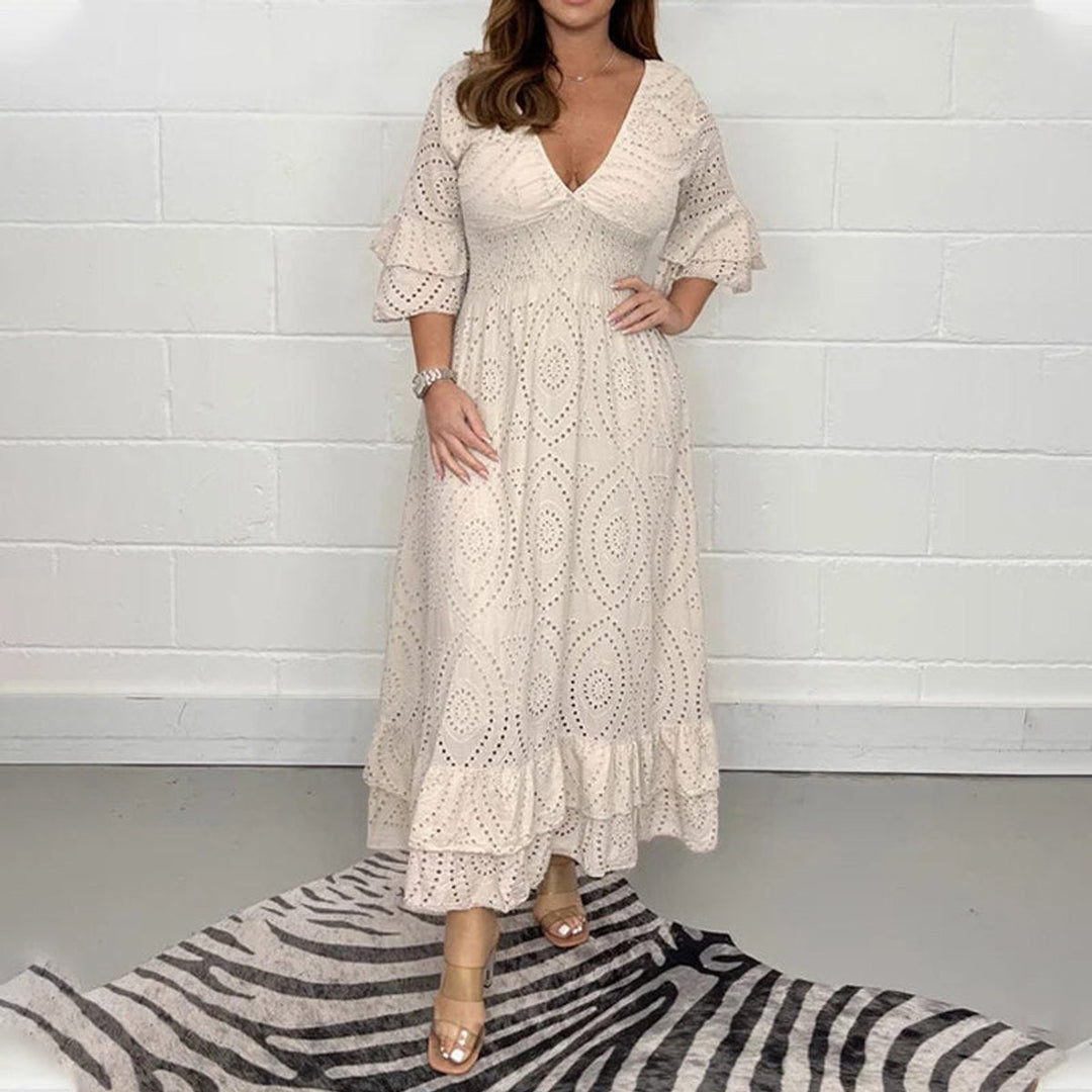 Elisabeth | Women's Midi Dress White Anglaise Lace V-Neck Ruffled Sleeves 6