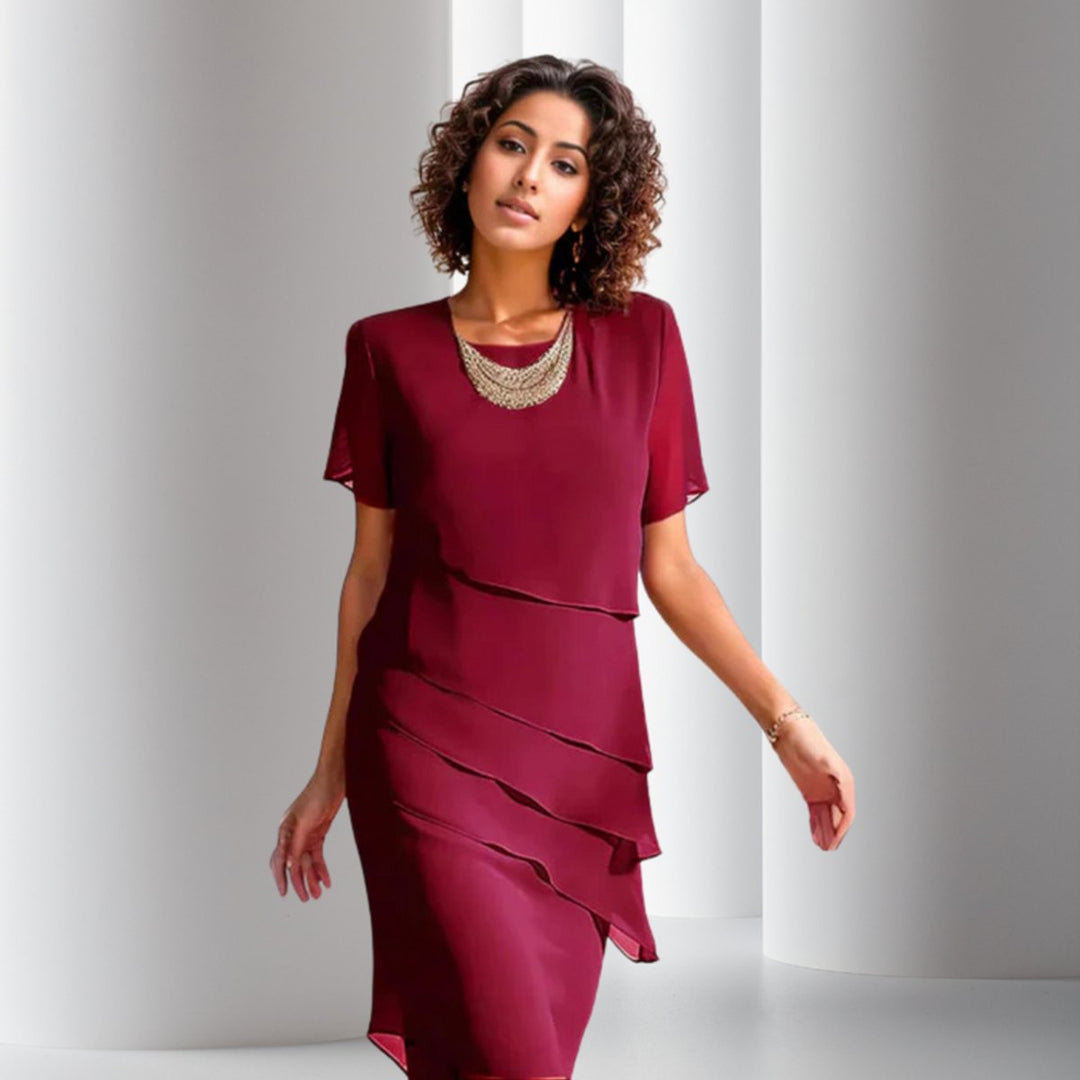 Emilia | Women's Cocktail Dress, Layered Chiffon, Short Sleeve Evening Dress 0