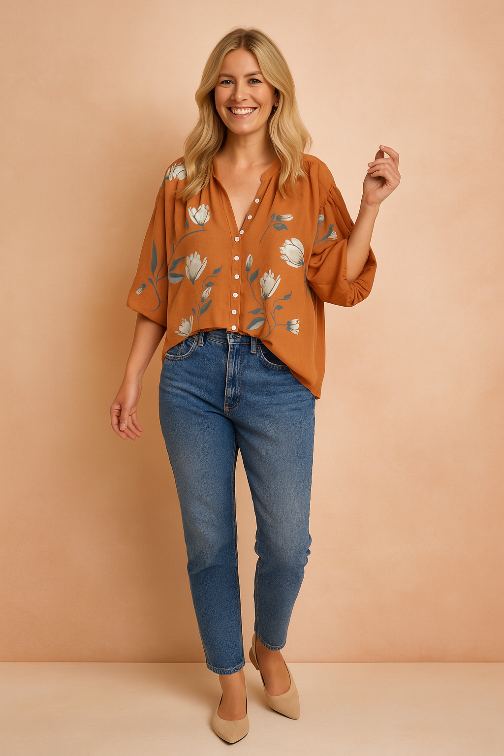 Floral Print Puff Sleeve Blouse - Casual Summer Tops for Women 0