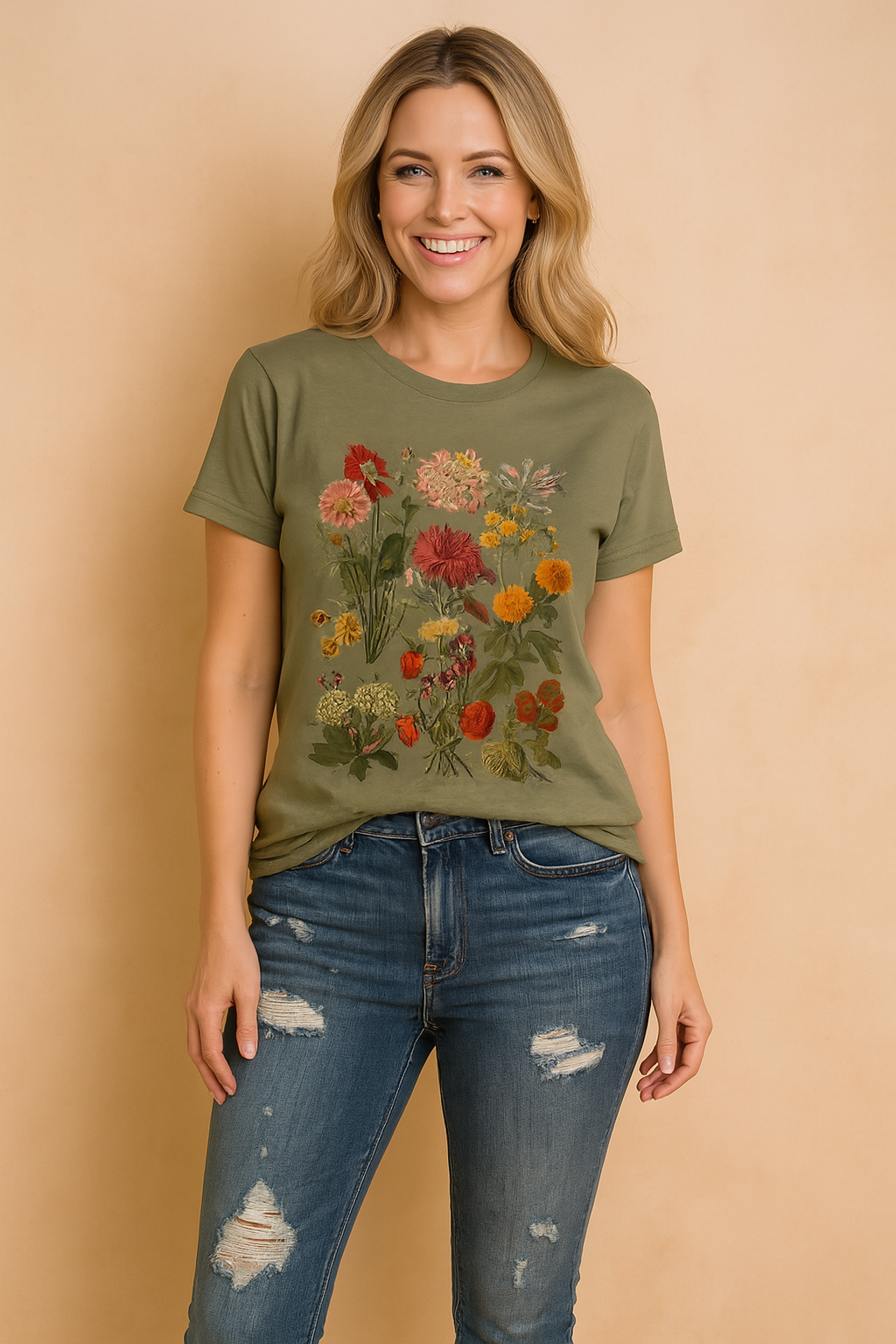 Floral Print T-shirt for Women - Casual Style with Rolled-Up Sleeves 0