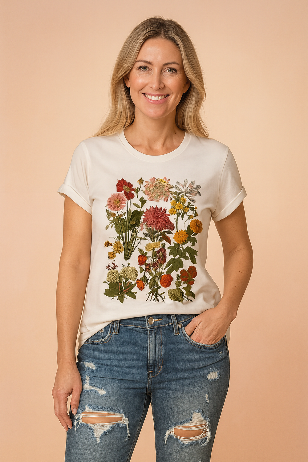 Floral Print T-shirt for Women - Casual Style with Rolled-Up Sleeves 1