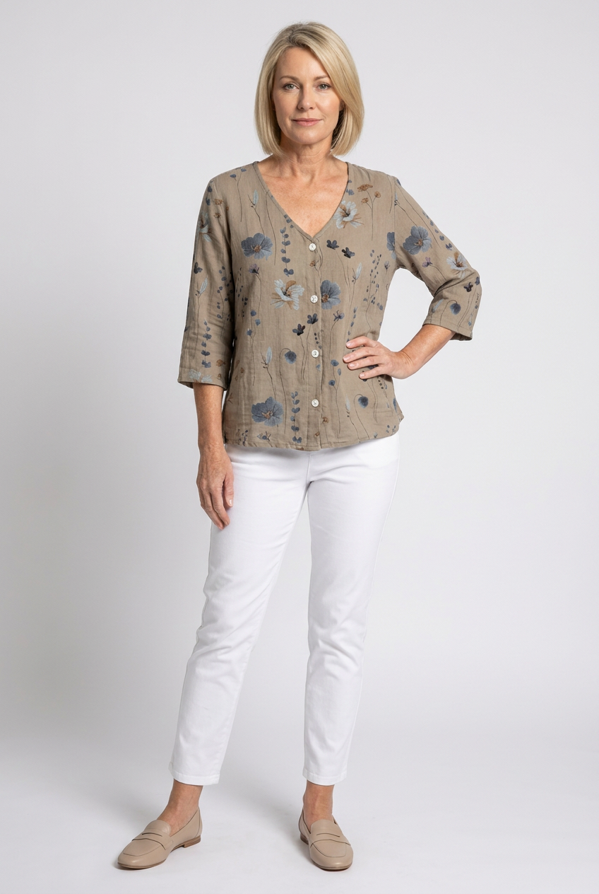 Floral V-Neck Blouse for Women with Three-Quarter Sleeves 1