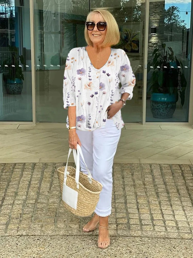 Floral V-Neck Blouse for Women with Three-Quarter Sleeves 8