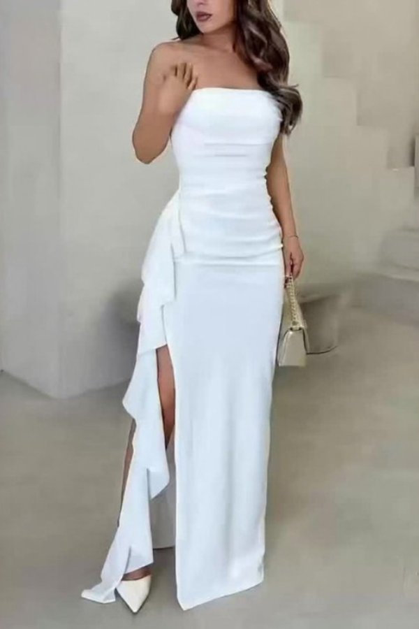 Greta | Women's Satin Strapless Wrap Dress with Ruching and High Slit 0