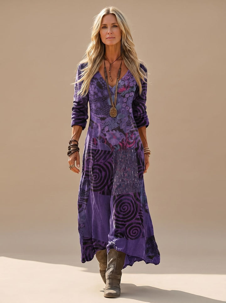 Hannah | Women's Boho Maxi Dress Long Sleeve Vintage Patchwork V-Neck 0