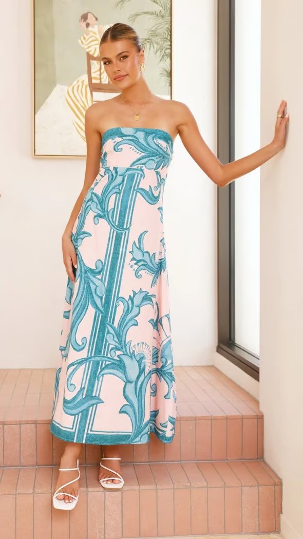Hannah | Women's Strapless Vintage Print Maxi Dress 0