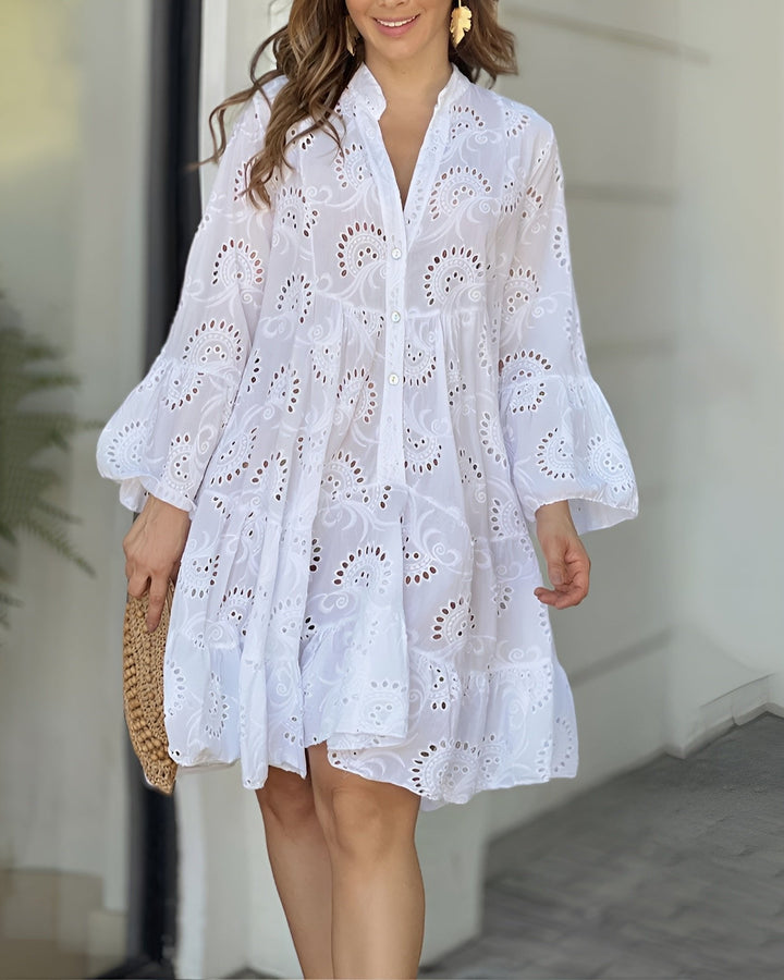 Hannah | Women's Summer Dress White Eyelet Embroidery Blouse Dress Long Sleeve 0