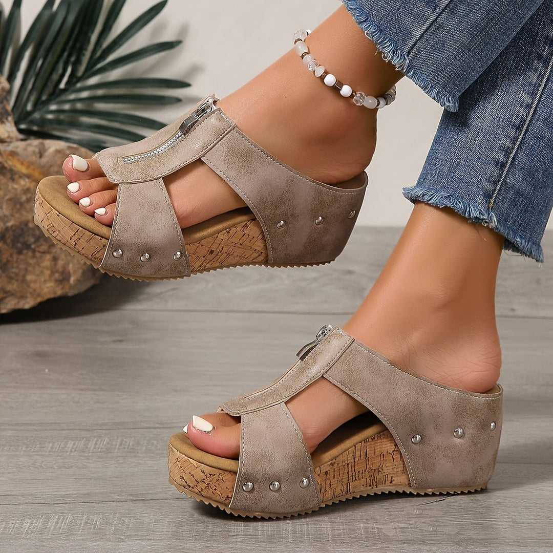 Katharina | Women's Comfortable Wedge Sandals, Cork Platform, Open Toe, Zipper 4