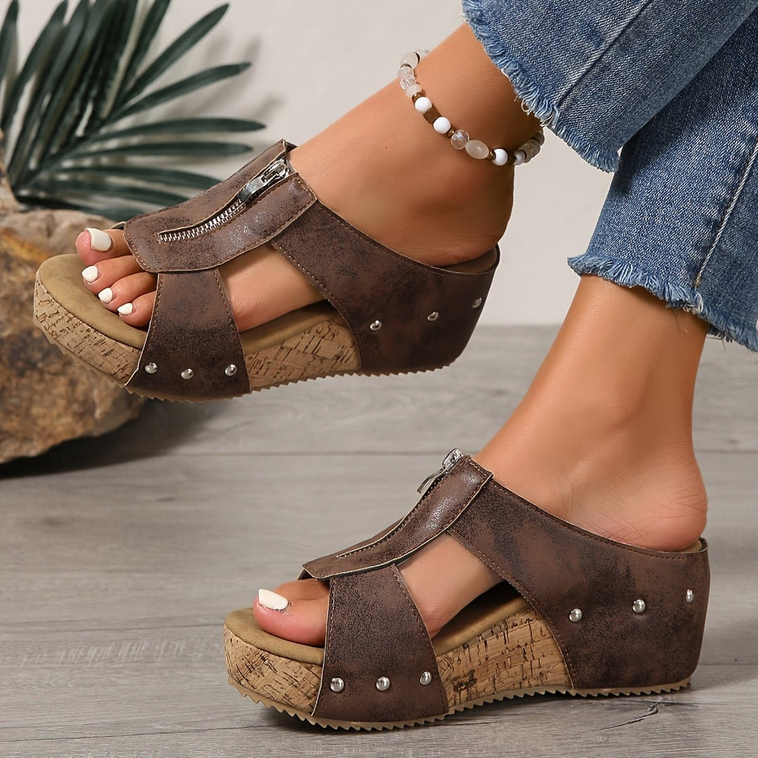 Katharina | Women's Comfortable Wedge Sandals, Cork Platform, Open Toe, Zipper 8