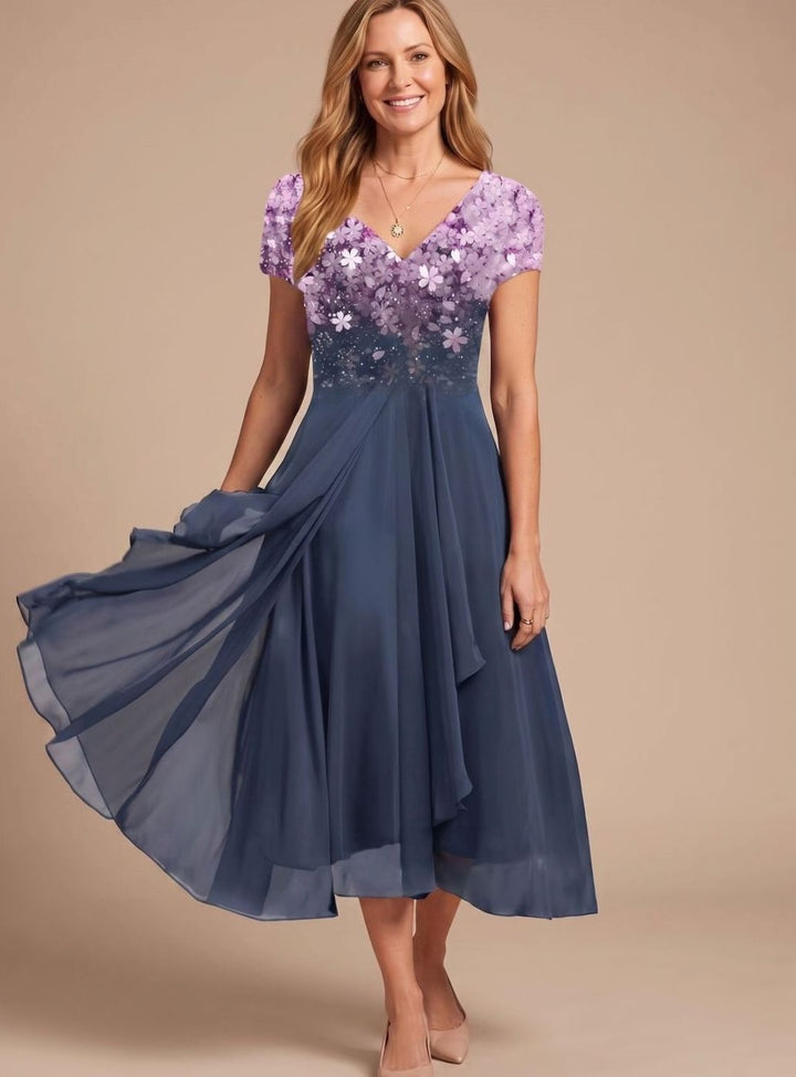 Lena | Women's Cocktail Dress V-Neck Floral Print Chiffon Swing Dress 3