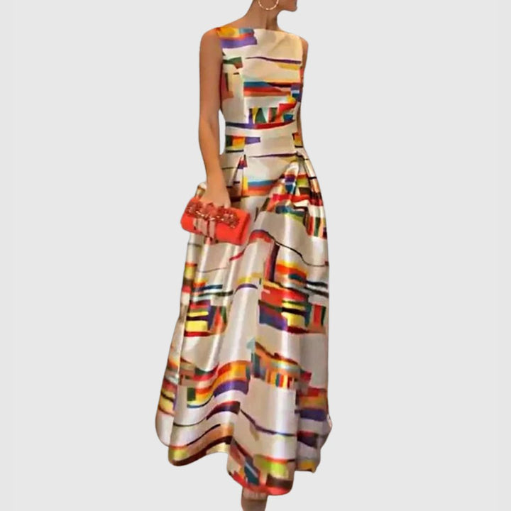 Lena | Women's Satin Maxi Dress Sleeveless Multicolor Abstract A-Line 0