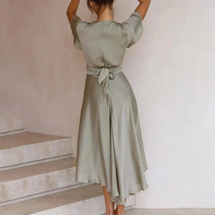 Leonie | Women's Satin Midi Dress with Deep V-Neck and Flutter Sleeves 4