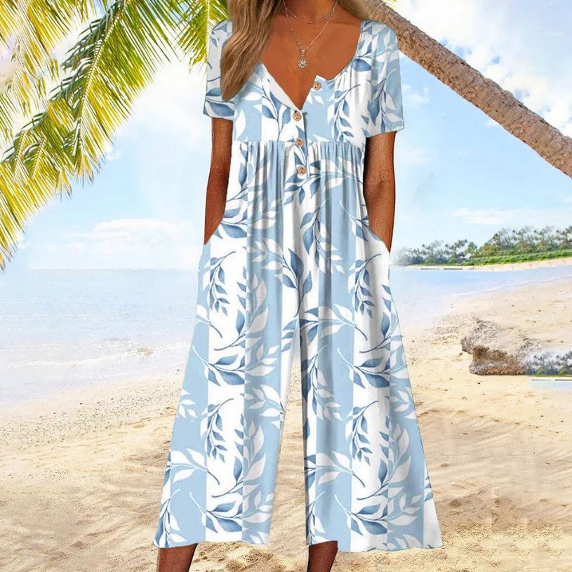 Leonie | Women's short-sleeved culotte jumpsuit with button placket made of cotton 0