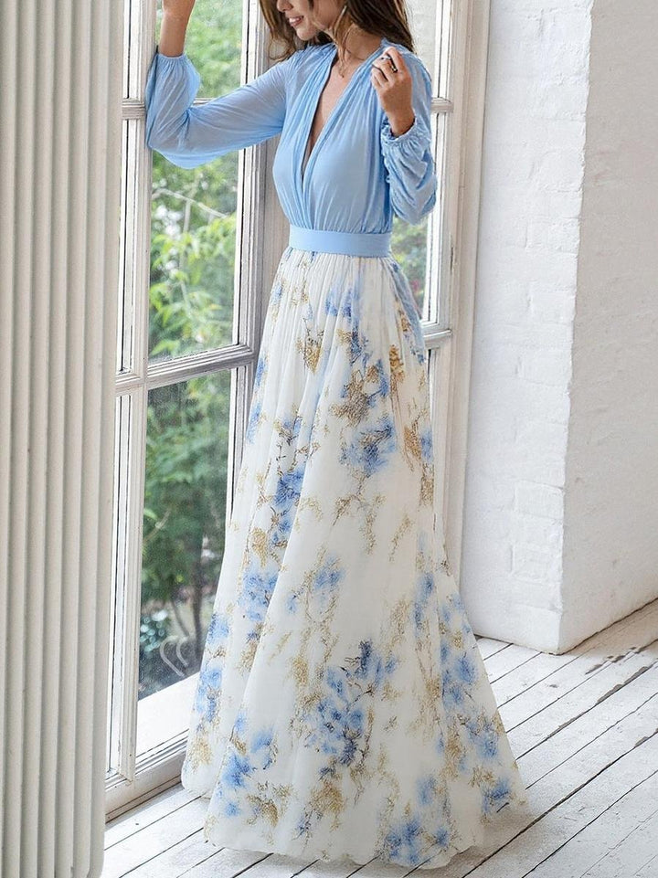 Marlene | Women's Long Sleeve Maxi Dress Floral Chiffon A-Line Deep V-Neck 1