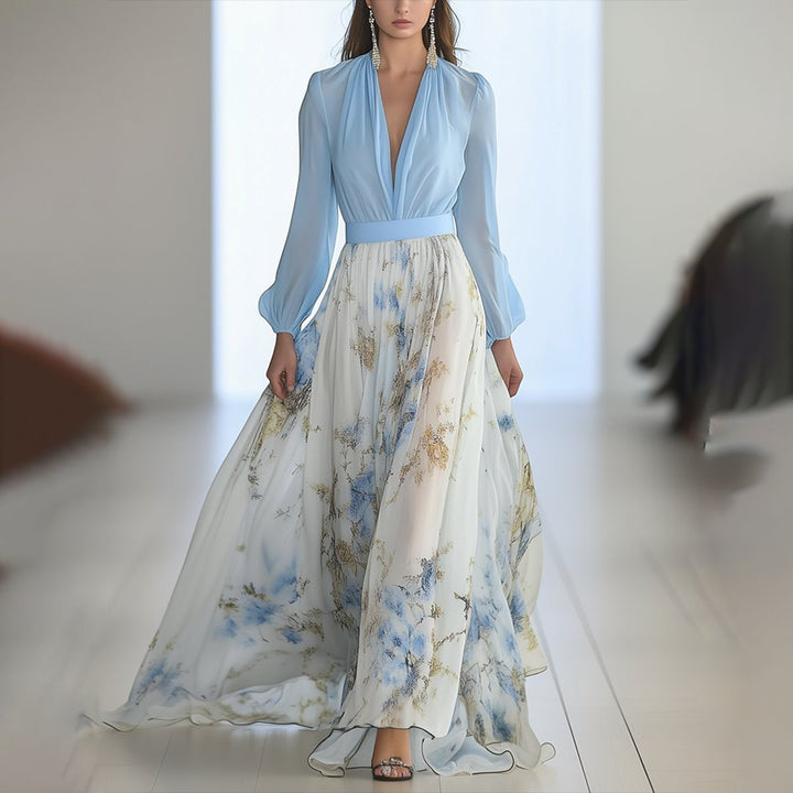 Marlene | Women's Long Sleeve Maxi Dress Floral Chiffon A-Line Deep V-Neck 2