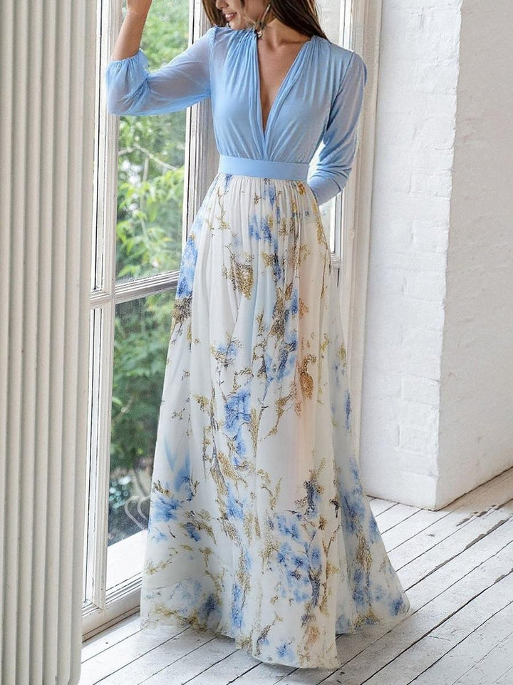 Marlene | Women's Long Sleeve Maxi Dress Floral Chiffon A-Line Deep V-Neck 3