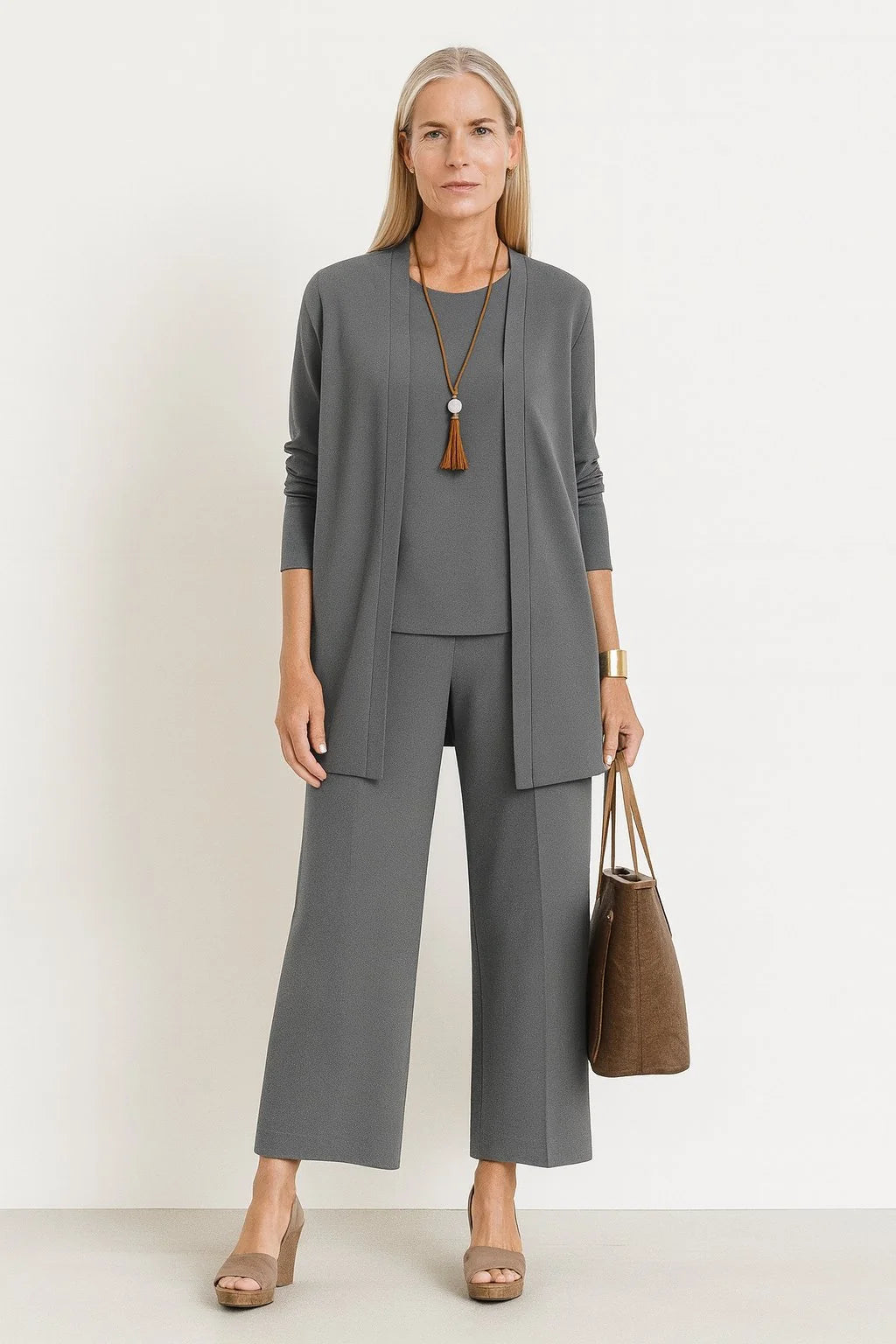 Marlene | Women's Three-Piece Longline Cardigan Tank Top Wide Leg Trousers Set 0