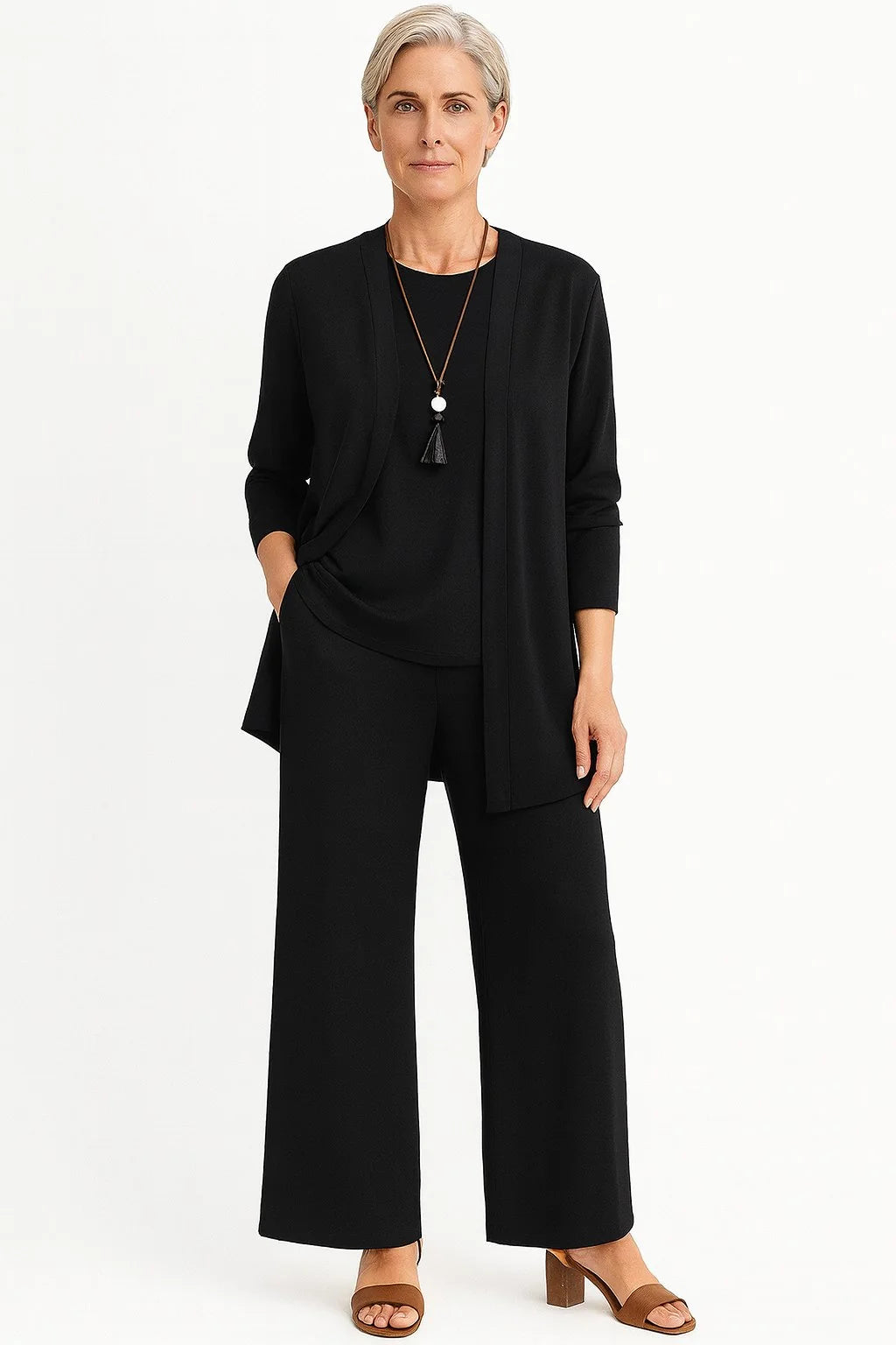 Marlene | Women's Three-Piece Longline Cardigan Tank Top Wide Leg Trousers Set 1