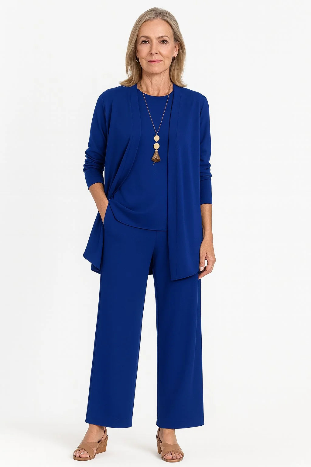 Marlene | Women's Three-Piece Longline Cardigan Tank Top Wide Leg Trousers Set 6