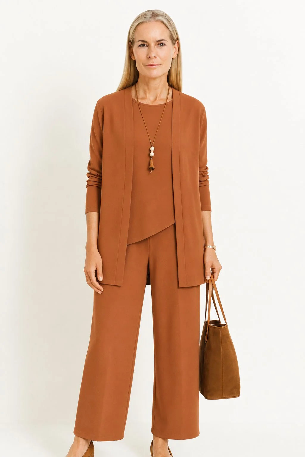 Marlene | Women's Three-Piece Longline Cardigan Tank Top Wide Leg Trousers Set 9