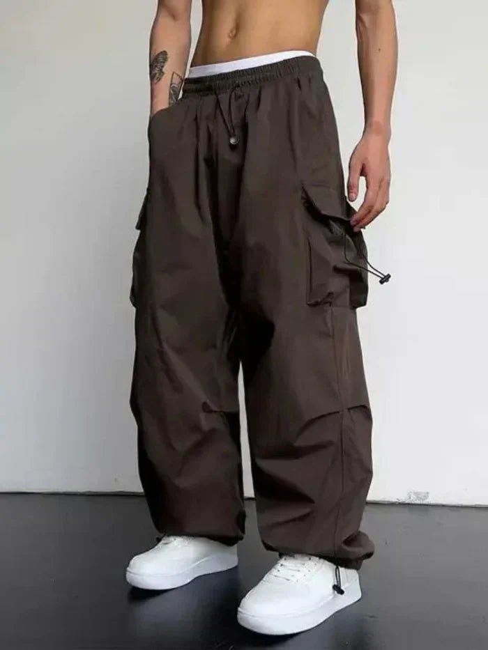 Men's Adjustable Wide-Leg Cargo Trousers with Elastic Waistband and Drawstring Ankles 1