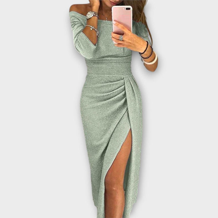 Nora | Women's Off-Shoulder Cocktail Party Dress, Figure-Hugging Midi Dress with Slit 0