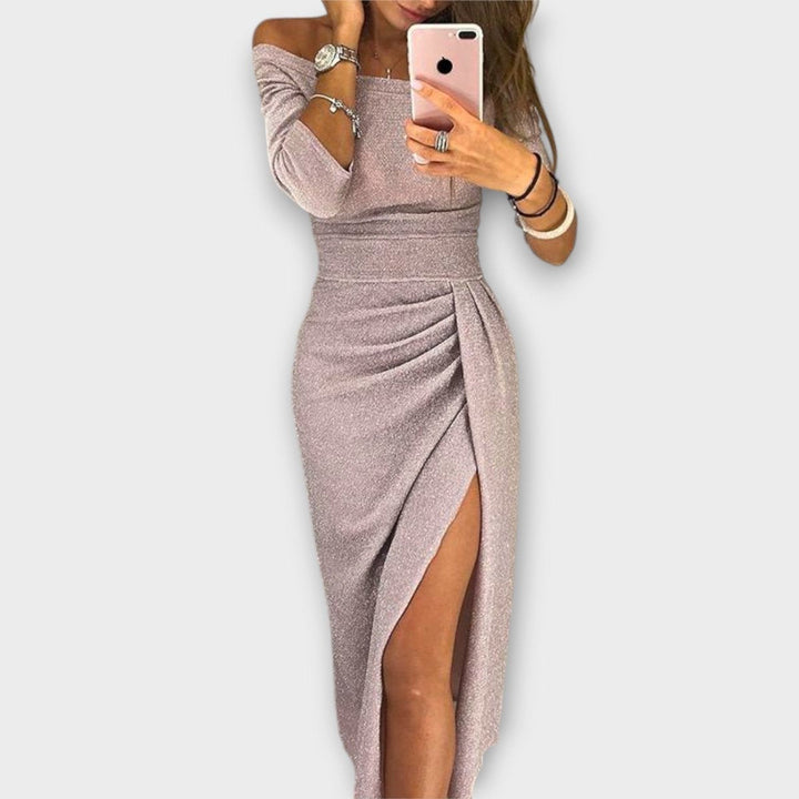 Nora | Women's Off-Shoulder Cocktail Party Dress, Figure-Hugging Midi Dress with Slit 1