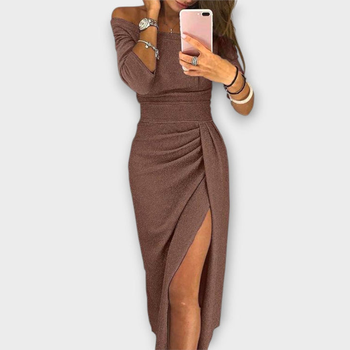Nora | Women's Off-Shoulder Cocktail Party Dress, Figure-Hugging Midi Dress with Slit 4
