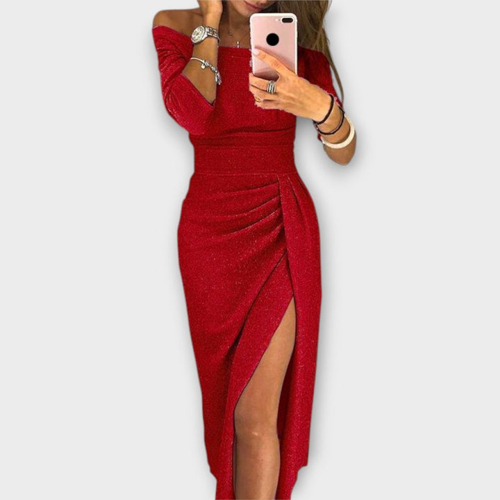 Nora | Women's Off-Shoulder Cocktail Party Dress, Figure-Hugging Midi Dress with Slit 6