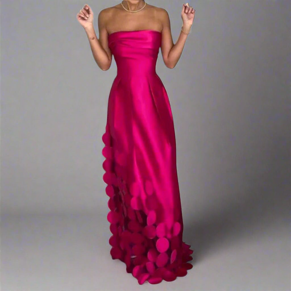 Nora | Women's Strapless Fitted Evening Maxi Dress Smooth Fabric Circular Details 1